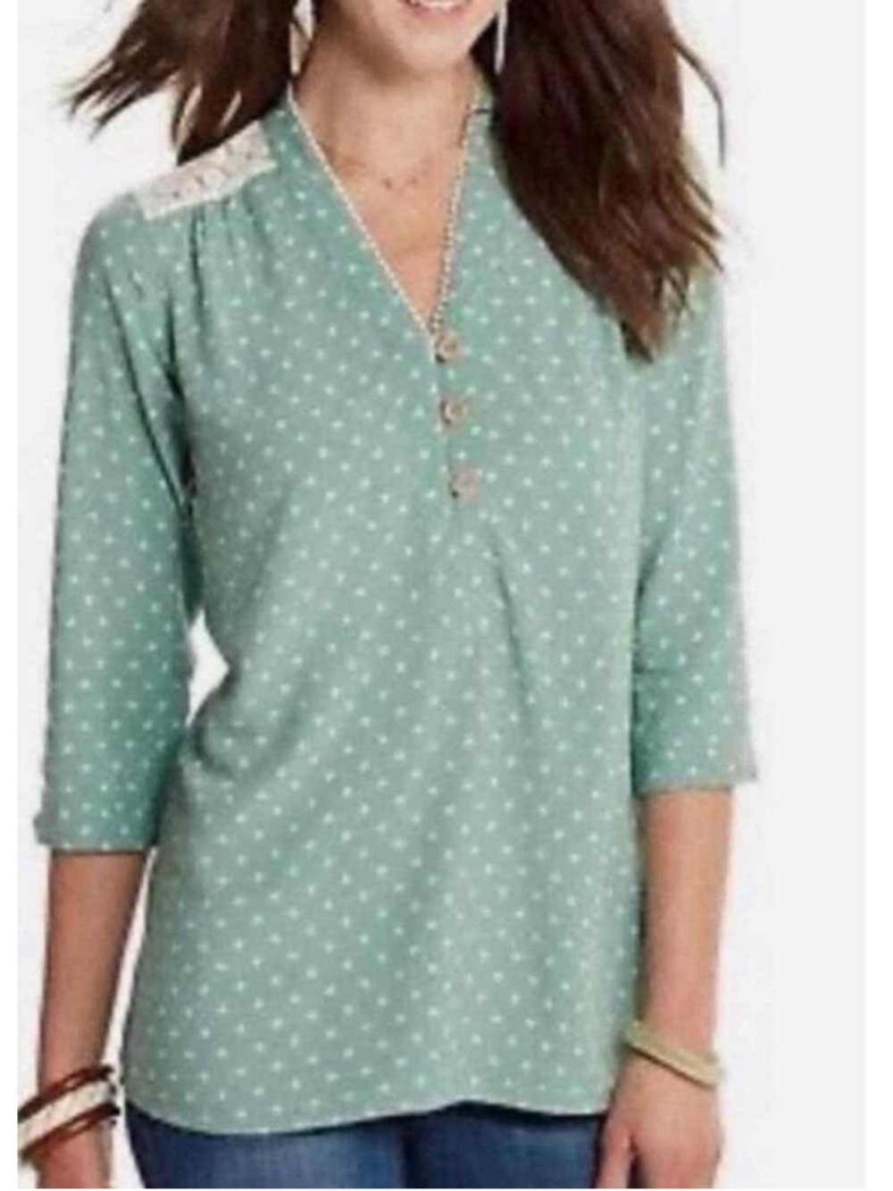 Matilda Jane Women's Green White Polka Dot Blouse Size Medium